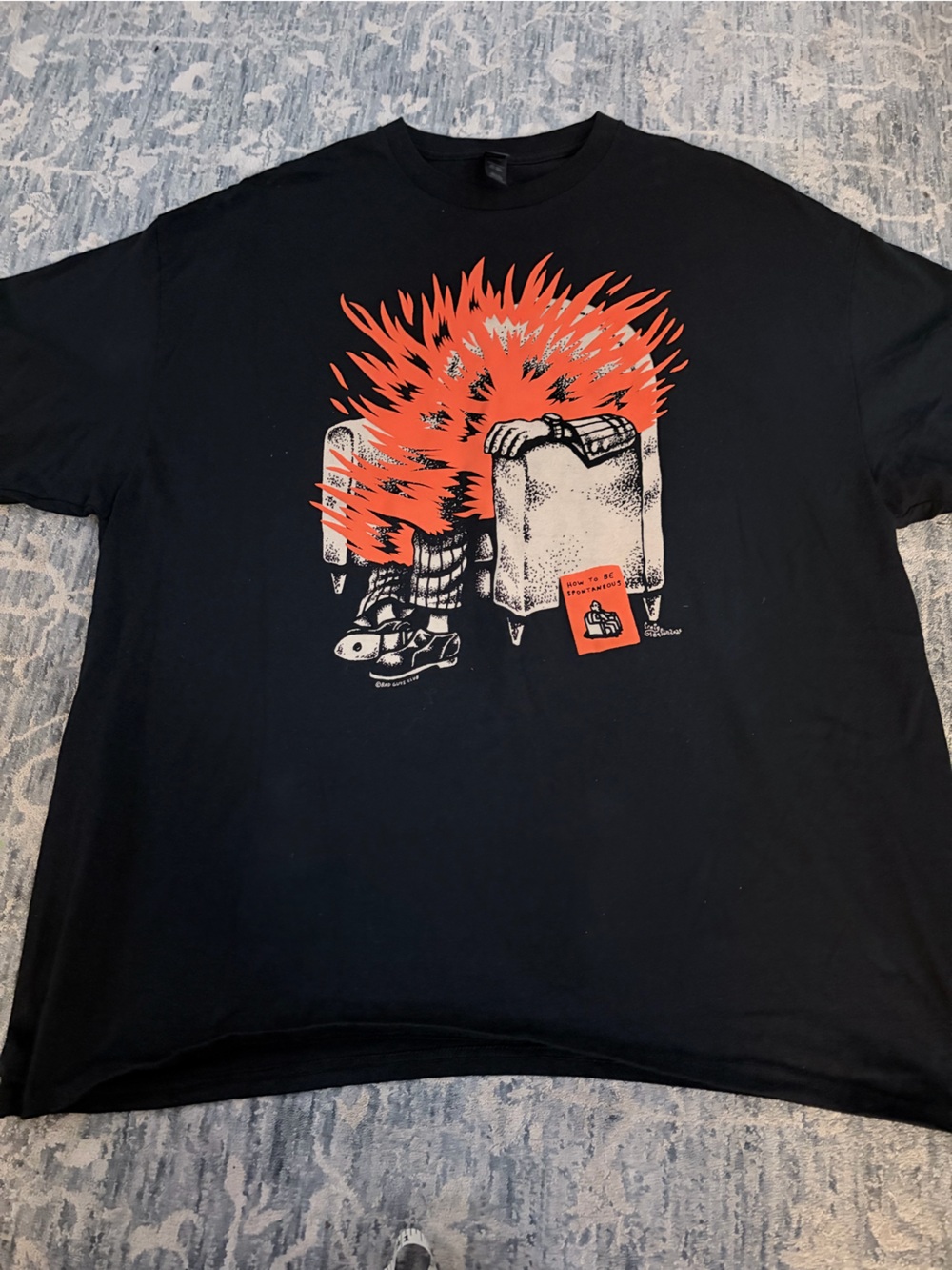 Graphic Black T-Shirt with Orange and White Puff Print Gildan 2XL